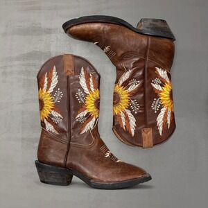 Vintage Sunflower Embroidered Western Boots Brown Leather Square Toe‎ Size 8